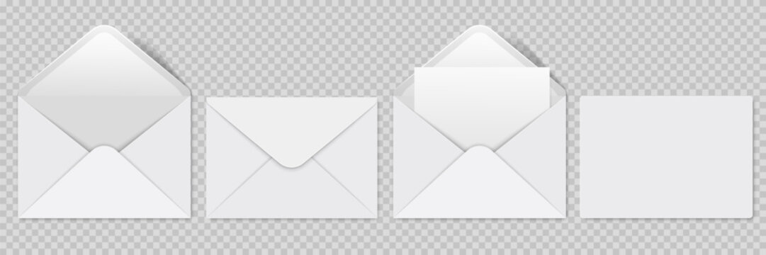 Set of white envelopes. Blank open and closed envelopes mockup. Empty template for branding identity design, mail presentation, for office messages or documents sending. Realistic vector illustration