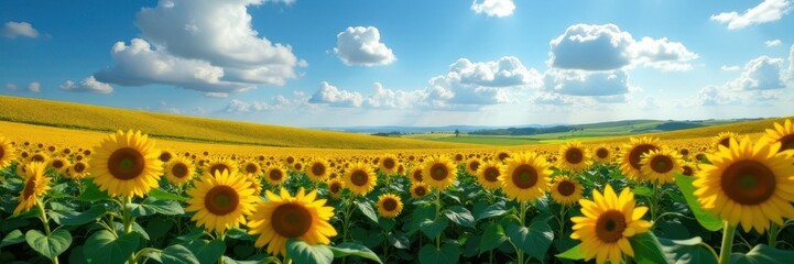 Fototapeta premium Rolling hills of sunflowers under a dramatic blue sky, sunny, bloom