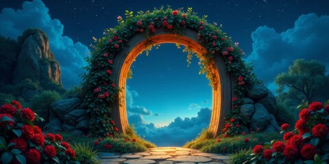 Enchanted Wooden Archway Adorned with Blooming Roses, Leading to a Serene Night Sky and a Pathway of Stone