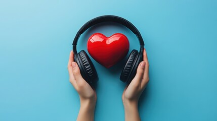 Obraz premium Expressing love through music minimal red heart with headphones on blue background