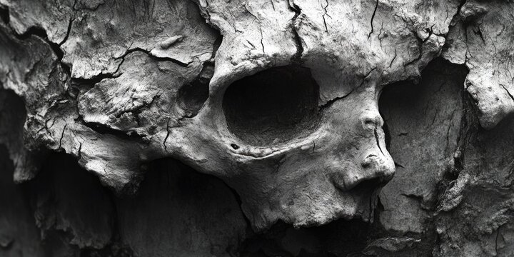 A monochrome image of a human skull perched on a tree branch, conveying a sense of eeriness