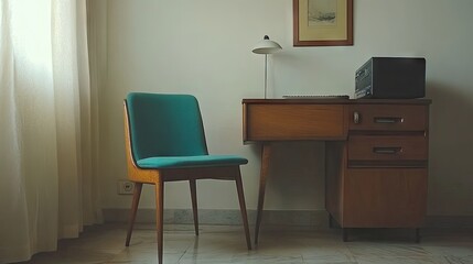 A minimalist home office with well-placed electrical outlets.