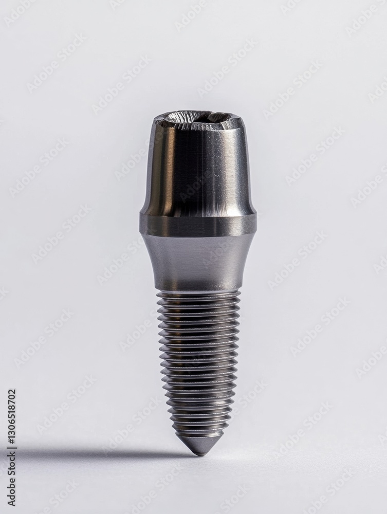 Poster high quality dental implant showcasing detailed metal texture on a smooth white background with spac