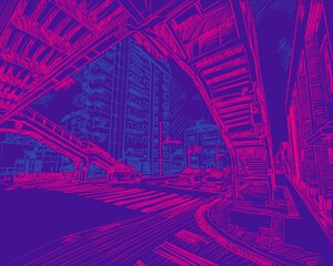 Hand-drawn digital art illustration line concept. showing houses and residential buildings in public areas.