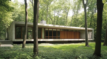 Fototapeta premium A modern home surrounded by large trees, some leaning dangerously.