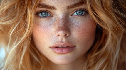 Naklejka premium Close-up shot of a woman's face with distinctive freckles, great for personal or beauty-related uses
