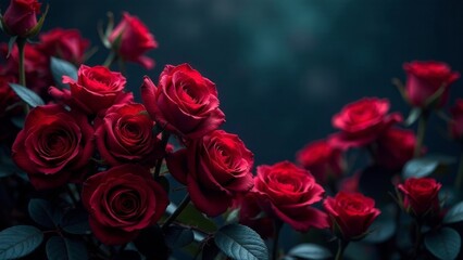 Obraz premium A lush bouquet of deep crimson roses, elegantly arranged, showcasing velvety petals and vibrant color, a stunning floral display