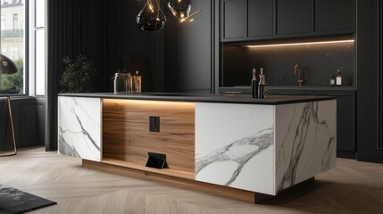 A modern kitchen island with built-in pop-up electrical outlets.