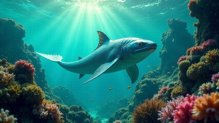 A Majestic Ancient Marine Predator Gracefully Navigating a Vibrant Coral Reef Ecosystem