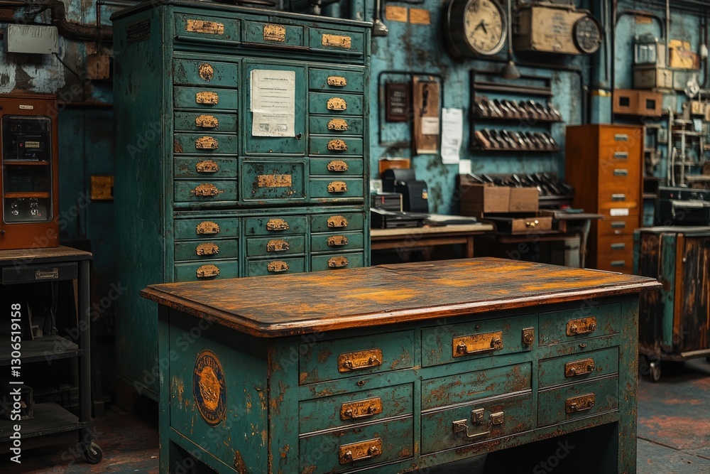 Aufkleber a clutter-free storage room with many drawers and a wooden table for organizing