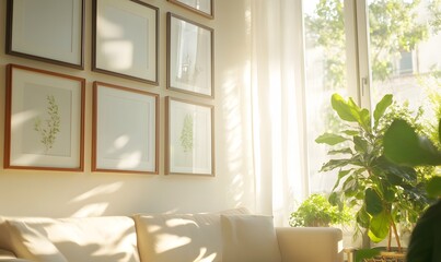 a large wall with many picture frames in an organic living room, Generative AI