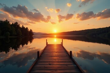 Obraz premium Golden sunset reflects on calm lake water, dock extends into view , peaceful, scene
