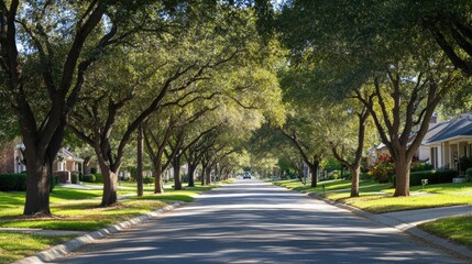 Fototapeta premium A neighborhood with tree-lined streets, showing safe spacing between homes and trees.