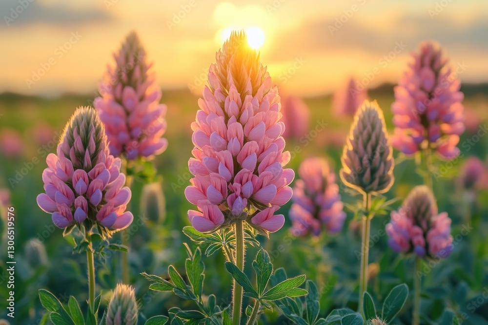 Poster purple flowers bloom in a field as the sun sets in the background, suitable for use in travel or nat