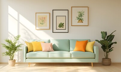 a large wall with many picture frames in an organic living room, Generative AI