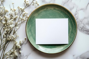 Blank Card Mockup on Green Plate with Flowers on Marble Background