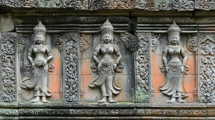 Fototapeta premium Ancient Stone Carvings of Elegant Female Figures in Classical Style Architecture