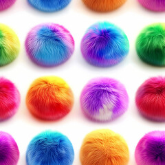 Fototapeta premium Colorful fluffy balls arranged in a vibrant pattern on white background Generative AI