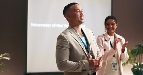 Businessman, applause or trophy with award for thank you, congratulations or speech at seminar. Happy man, speaker or audience clapping with smile for milestone achievement or job promotion at office