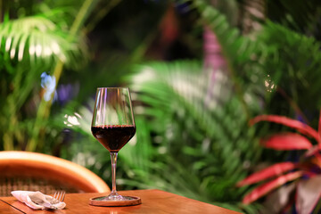 A glass of red wine is a beautiful background for serving