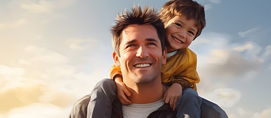  a happy father piggybacking his son, both laughing in the park on a sunny day