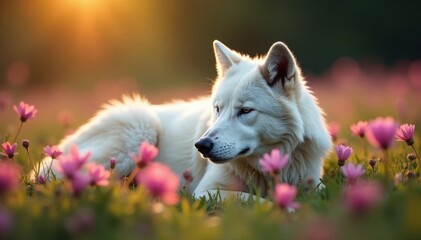 Obraz premium White wolf sleeps amidst pink wildflowers, dawn light , pink, sunrise, tranquil