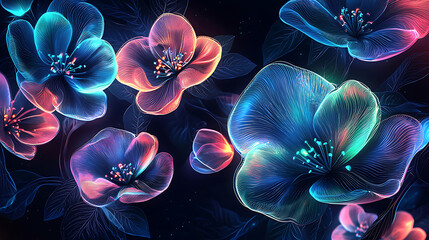 pattern with glowing flowers in electric blue pink and green on a dark futuristic background high quality 