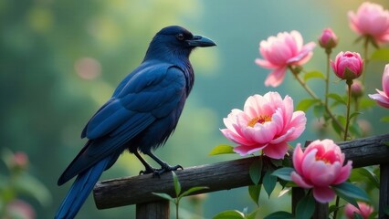 Obraz premium Dark-plumaged avian perched on rustic wooden fence amidst vibrant pink blossoms, bathed in soft sunlight