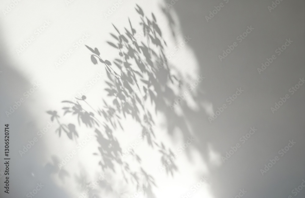Poster Delicate shadows of tree foliage on white wall in soft light. Abstract minimal design with natural sunlight create serene botanical atmosphere. Rich leaves silhouette overlay with diffused gradient
