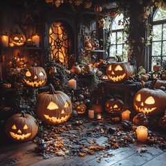 Spooky Halloween Setup with Glowing Jack-o'-Lanterns