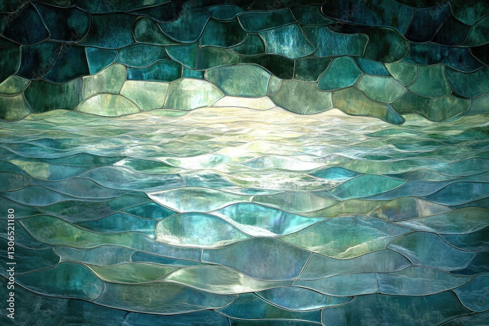 Aufkleber abstract mosaic artwork depicting a serene ocean scene with textured waves and a calm sky.
