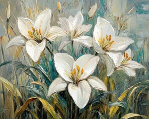 Whimsical white lilies, abstract painting, soft colors, natural setting