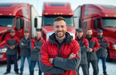 Confident male leader with dedicated team of truckers posing in front of impressive red semi trucks on sunny day. Represent logistics company, trucking service, transportation business, commercial
