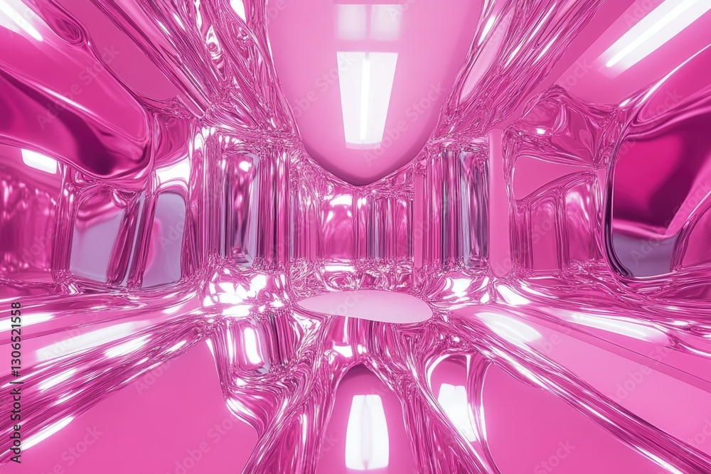 Poster abstract pink glossy room with reflective surfaces and soft lighting, creating a surreal and luxurio
