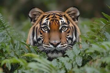 Fototapeta premium Majestic Tiger in Lush Jungle Setting - Nature and Wildlife Photography