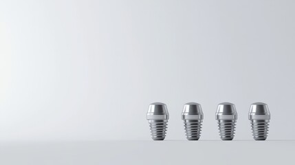 Detailed dental implants on white background arranged at angle for depth and perspective highlighting quality and design features Generative AI