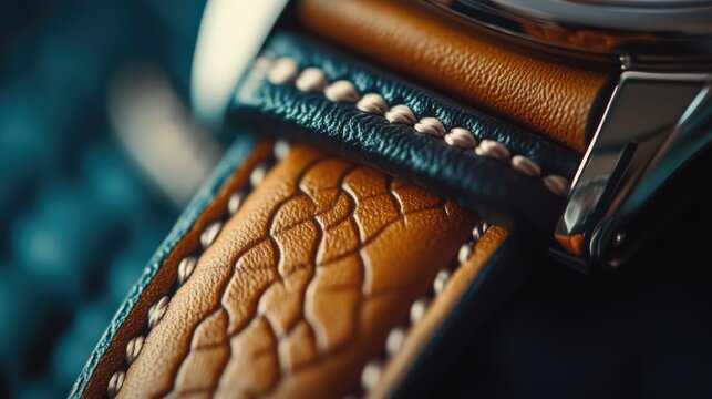 Crafted leather watch strap with intricate pattern and contrasting stitches
