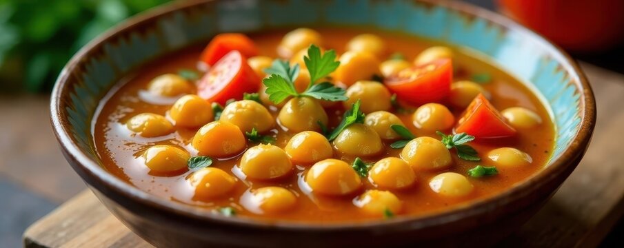Close-up of hearty Lablabi, chickpeas in rich broth , texture, gastronomy