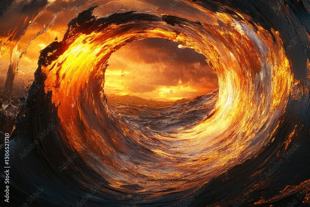 Poster fiery wave curls into a mesmerizing vortex, revealing a vibrant sunset backdrop.