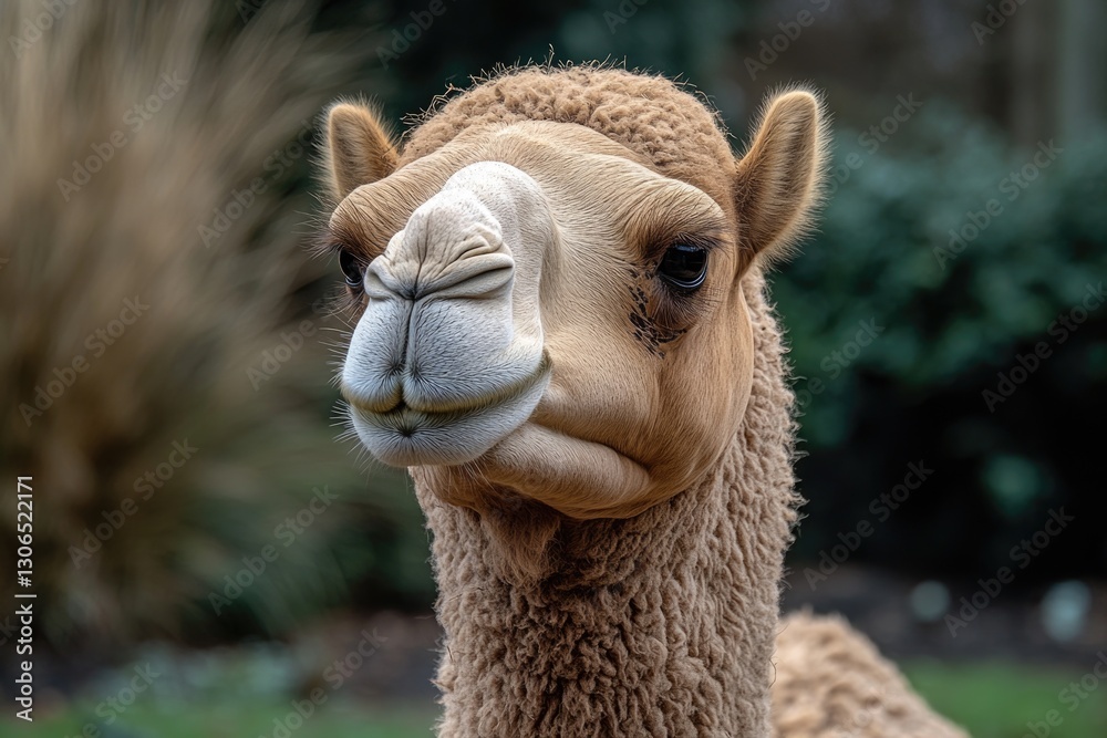 Poster a close-up of a camel's face with a bush in the background