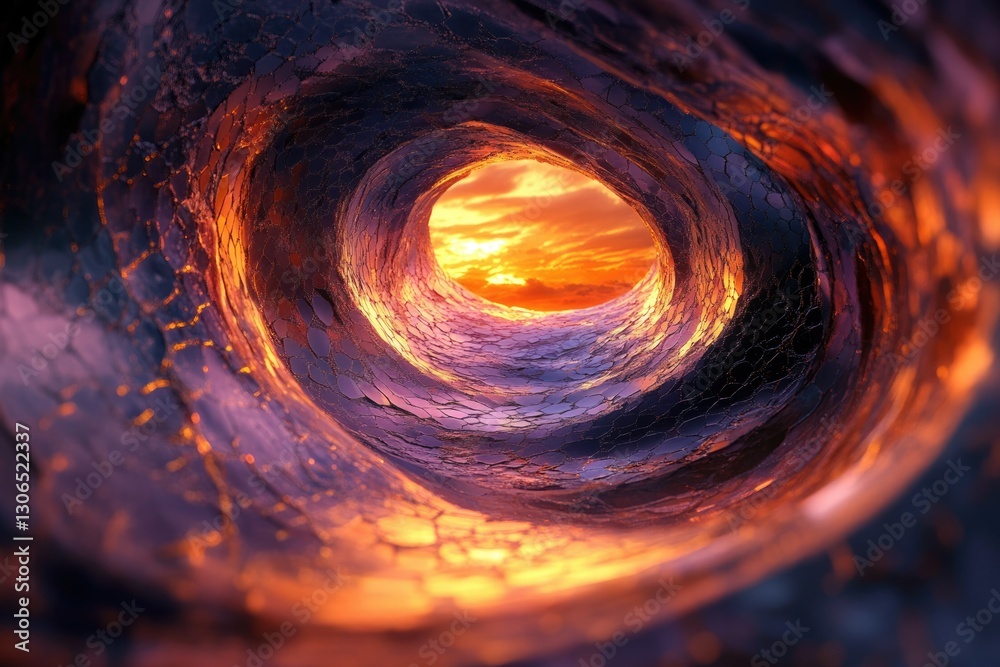 Poster A vibrant sunset viewed from inside a swirling, textured wave, creating a mesmerizing tunnel effect.