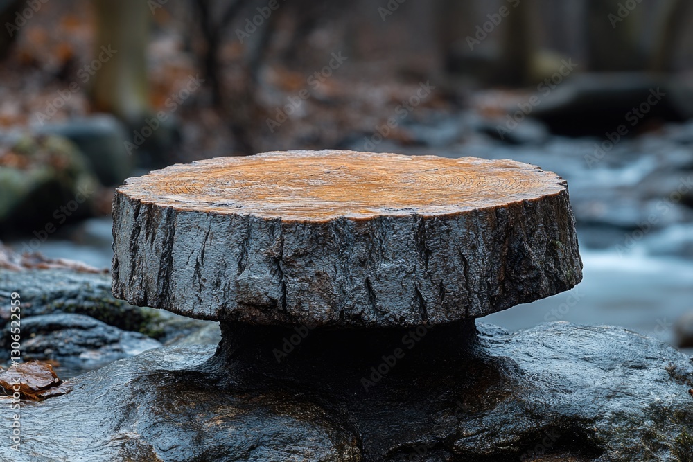 Poster a tree trunk lying on top of a rock pile, with natural textures and weathered appearance