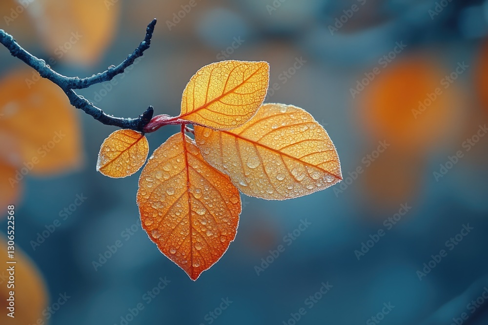 Poster a close-up view of a single leaf on a tree branch, with natural textures and details