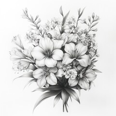 Detailed grayscale illustration of a floral bouquet, featuring various flower types, leaves, and stems, presented in a visually rich and delicate design..