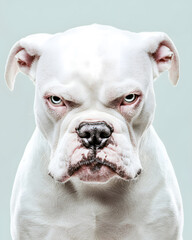 Obraz premium Portrait of powerful angry white Pitbull dog showing teeth isolated on white. Aggressive pit bull terrier type dog snarling at the camera with sharp teeth