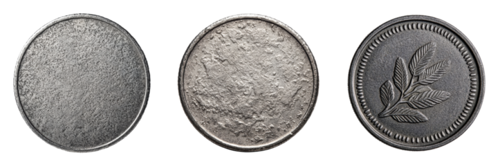 Collection of textured metal coins with unique surfaces