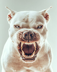 Obraz premium Portrait of powerful angry white Pitbull dog showing teeth isolated on white. Aggressive pit bull terrier type dog snarling at the camera with sharp teeth