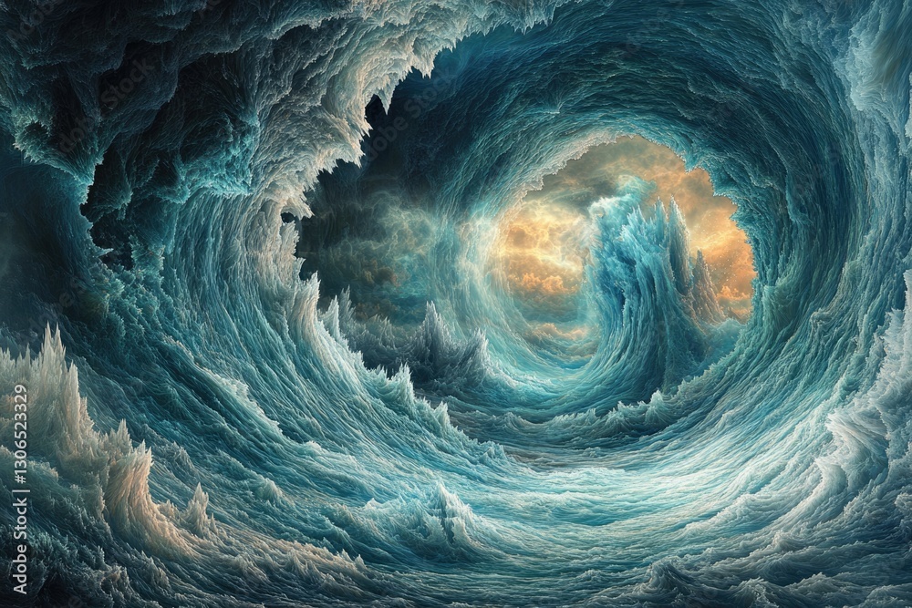 Poster abstract swirling ocean waves creating a vortex leading to a serene, light-filled sky.