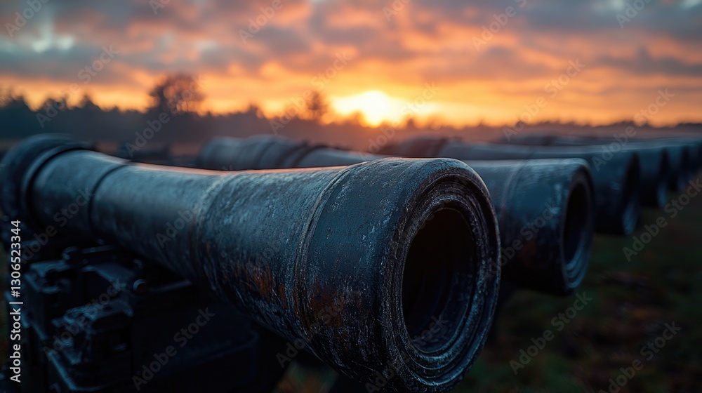Poster a close-up shot of a cannon with a warm sunset glow in the background
