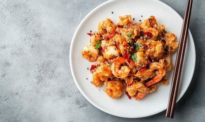 Serving Spicy Honey Garlic Shrimp on Plate with Chopsticks